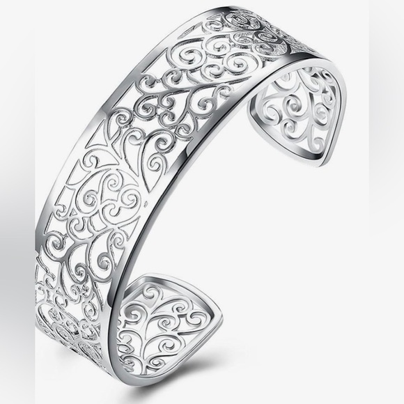 Jewelry - Sterling Silver Bangle Filigree Cuff Bracelet, 925 Sterling Silver NEW